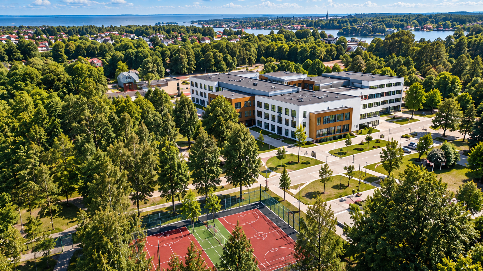 Rohelusest ümbritsetud moodne koolimaja ja spordiväljakud